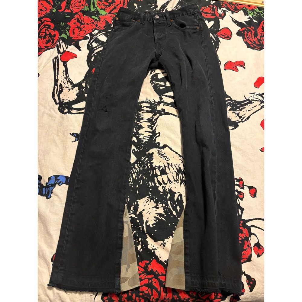 Levis Premium 501 Custom Camo Flare Jeans Black Denim Mens 27x28 Reworked